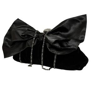 Neiman Marcus Bow Accented Velvet Evening Clutch Bag Black Swarovski Crystals
